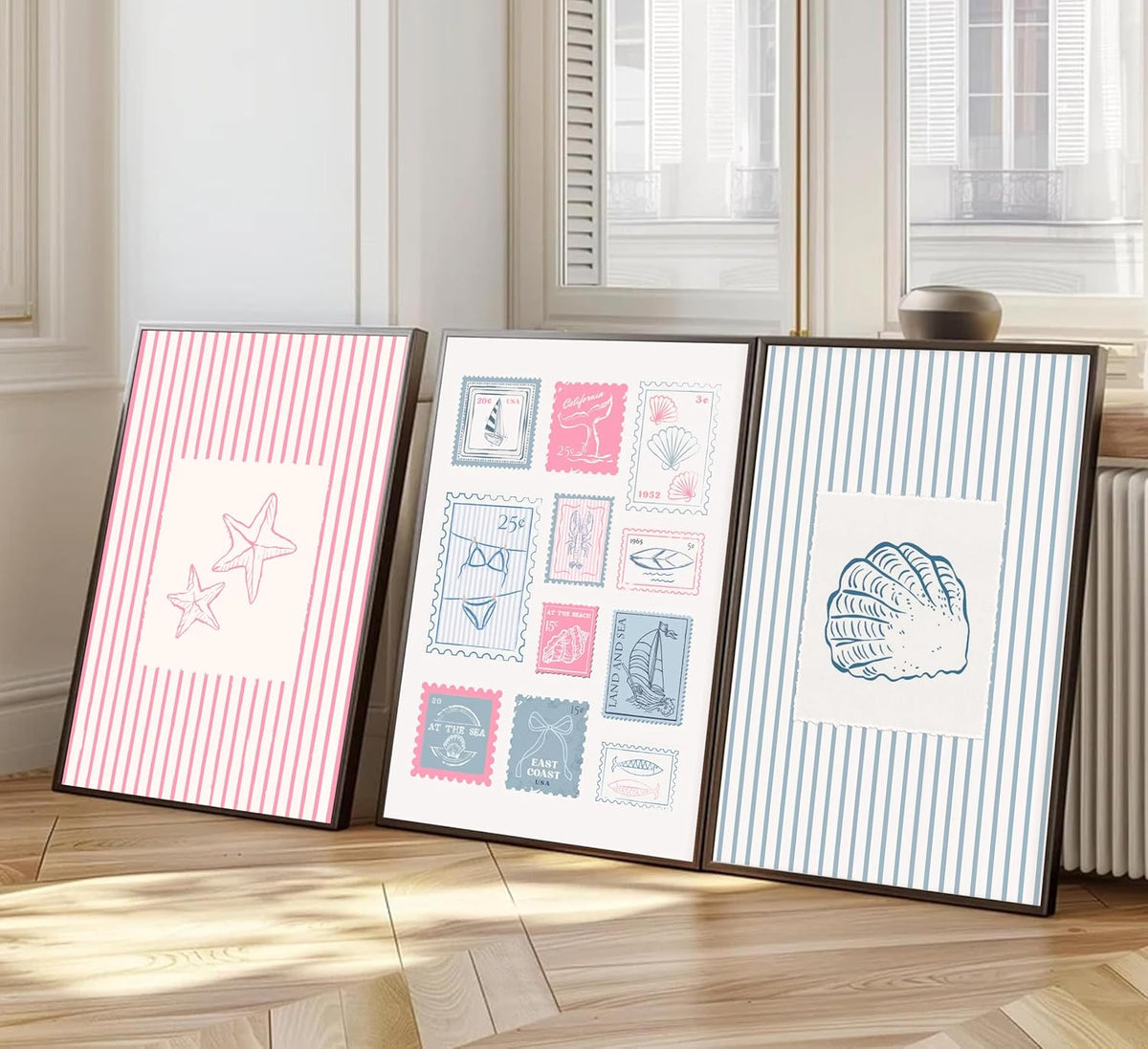 3Pcs Trendy Coastal Pink Canvas Wall Art Blue Seashell Bikini Painting Picture Wall Decor Pastel Coquette Preppy Ocean Poster Print Artwork for Bedroom Dorm Apartment Home Decoration Unframed
