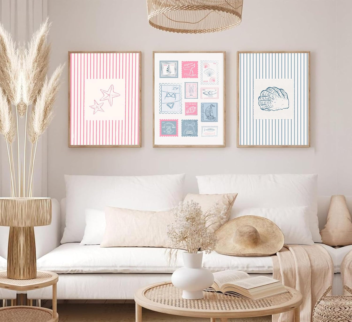 3Pcs Trendy Coastal Pink Canvas Wall Art Blue Seashell Bikini Painting Picture Wall Decor Pastel Coquette Preppy Ocean Poster Print Artwork for Bedroom Dorm Apartment Home Decoration Unframed