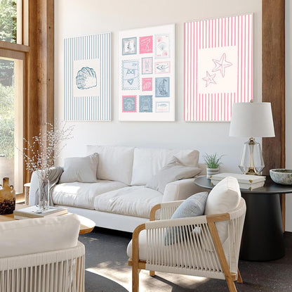 3Pcs Trendy Coastal Pink Canvas Wall Art Blue Seashell Bikini Painting Picture Wall Decor Pastel Coquette Preppy Ocean Poster Print Artwork for Bedroom Dorm Apartment Home Decoration Unframed