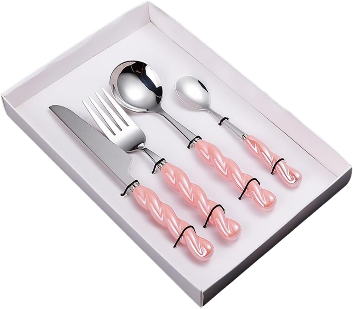 Stainless Steel Flatware Set, 4-Piece Heavy Duty Cutlery Set with Dinner Knife, Fork & Spoons, Tableware Gift for Daily Use Wedding Housewarming Baby Shower Birthday Gifts(Pink)