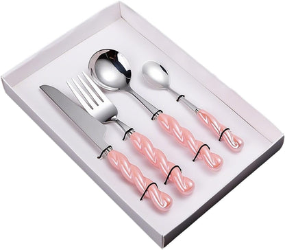 Stainless Steel Flatware Set, 4-Piece Heavy Duty Cutlery Set with Dinner Knife, Fork & Spoons, Tableware Gift for Daily Use Wedding Housewarming Baby Shower Birthday Gifts(Pink)