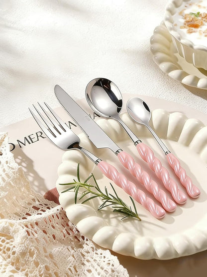 Stainless Steel Flatware Set, 4-Piece Heavy Duty Cutlery Set with Dinner Knife, Fork & Spoons, Tableware Gift for Daily Use Wedding Housewarming Baby Shower Birthday Gifts(Pink)