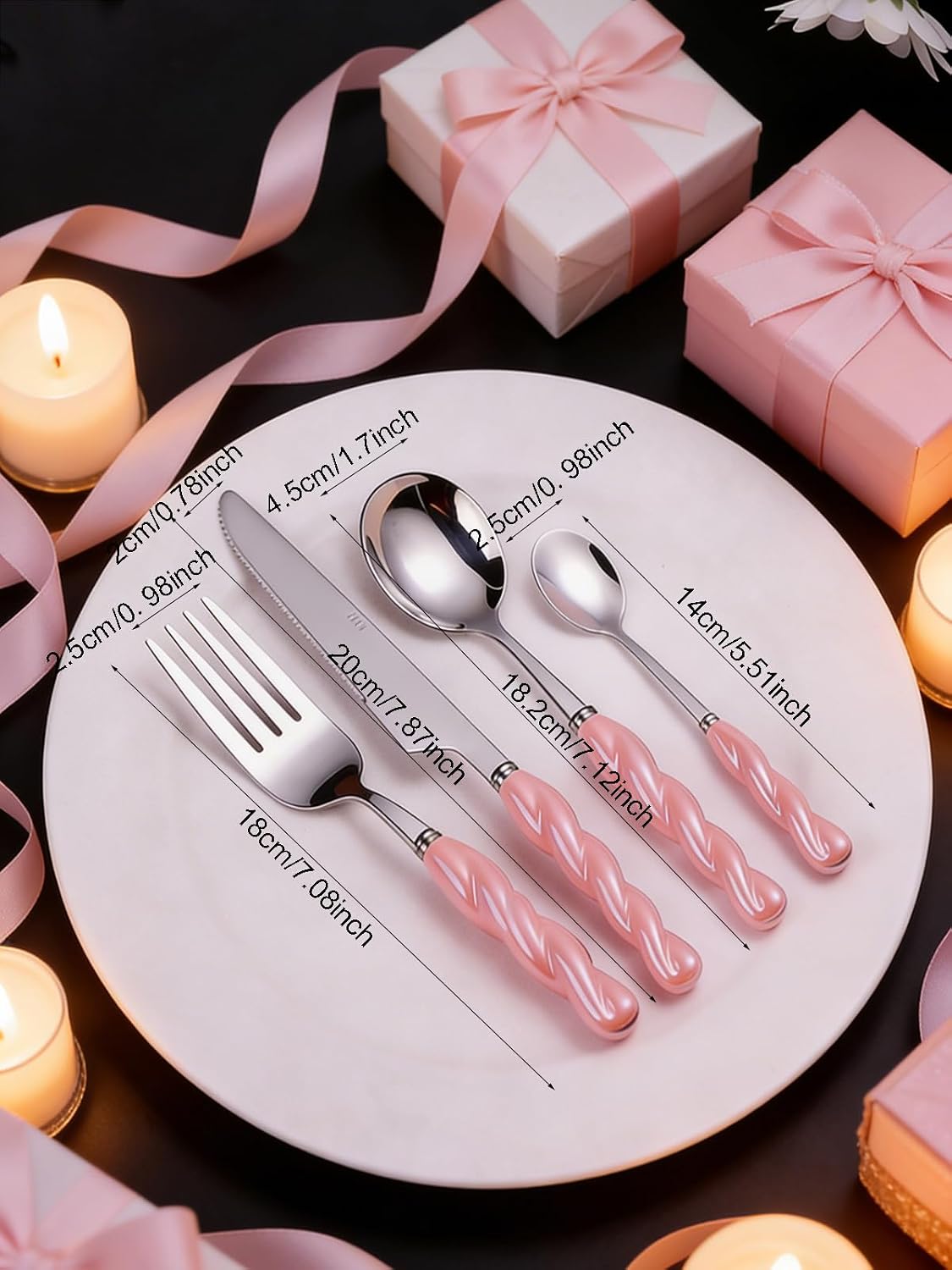 Stainless Steel Flatware Set, 4-Piece Heavy Duty Cutlery Set with Dinner Knife, Fork & Spoons, Tableware Gift for Daily Use Wedding Housewarming Baby Shower Birthday Gifts(Pink)