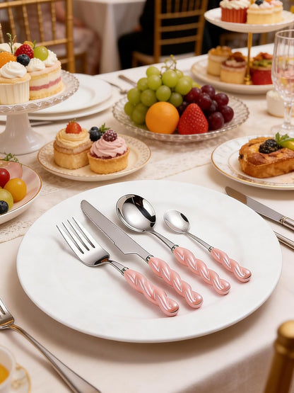 Stainless Steel Flatware Set, 4-Piece Heavy Duty Cutlery Set with Dinner Knife, Fork & Spoons, Tableware Gift for Daily Use Wedding Housewarming Baby Shower Birthday Gifts(Pink)