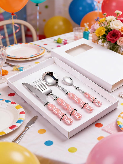 Stainless Steel Flatware Set, 4-Piece Heavy Duty Cutlery Set with Dinner Knife, Fork & Spoons, Tableware Gift for Daily Use Wedding Housewarming Baby Shower Birthday Gifts(Pink)
