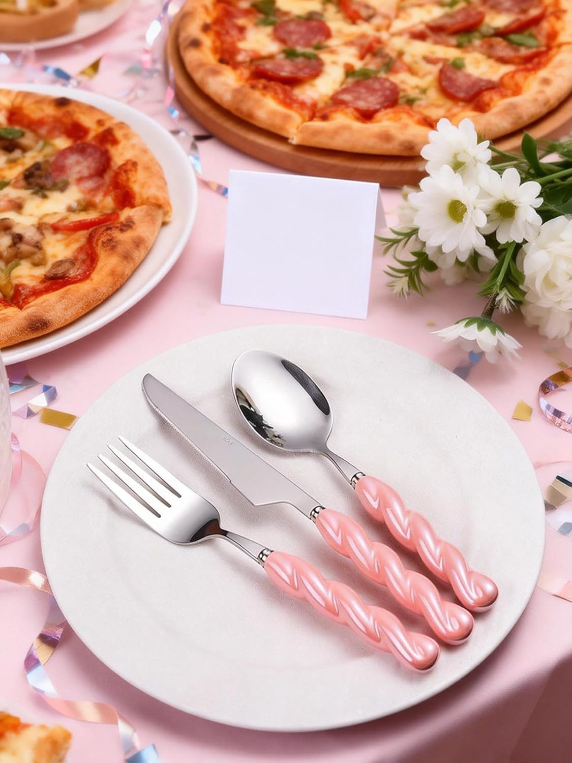 Stainless Steel Flatware Set, 4-Piece Heavy Duty Cutlery Set with Dinner Knife, Fork & Spoons, Tableware Gift for Daily Use Wedding Housewarming Baby Shower Birthday Gifts(Pink)