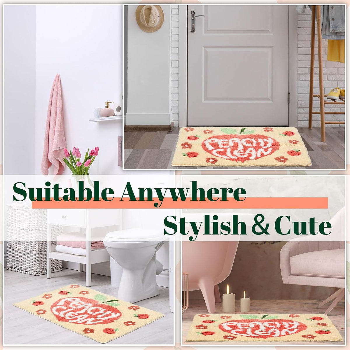 Peachy Clean Bath Mat Peach Bathroom Decor Non Slip Soft Water Absorbent Cute Bathroom Rugs Aesthetic Cute Bathmat Machine Washable for Home Bathtub Shower Toilet, 18 x 24 Inches