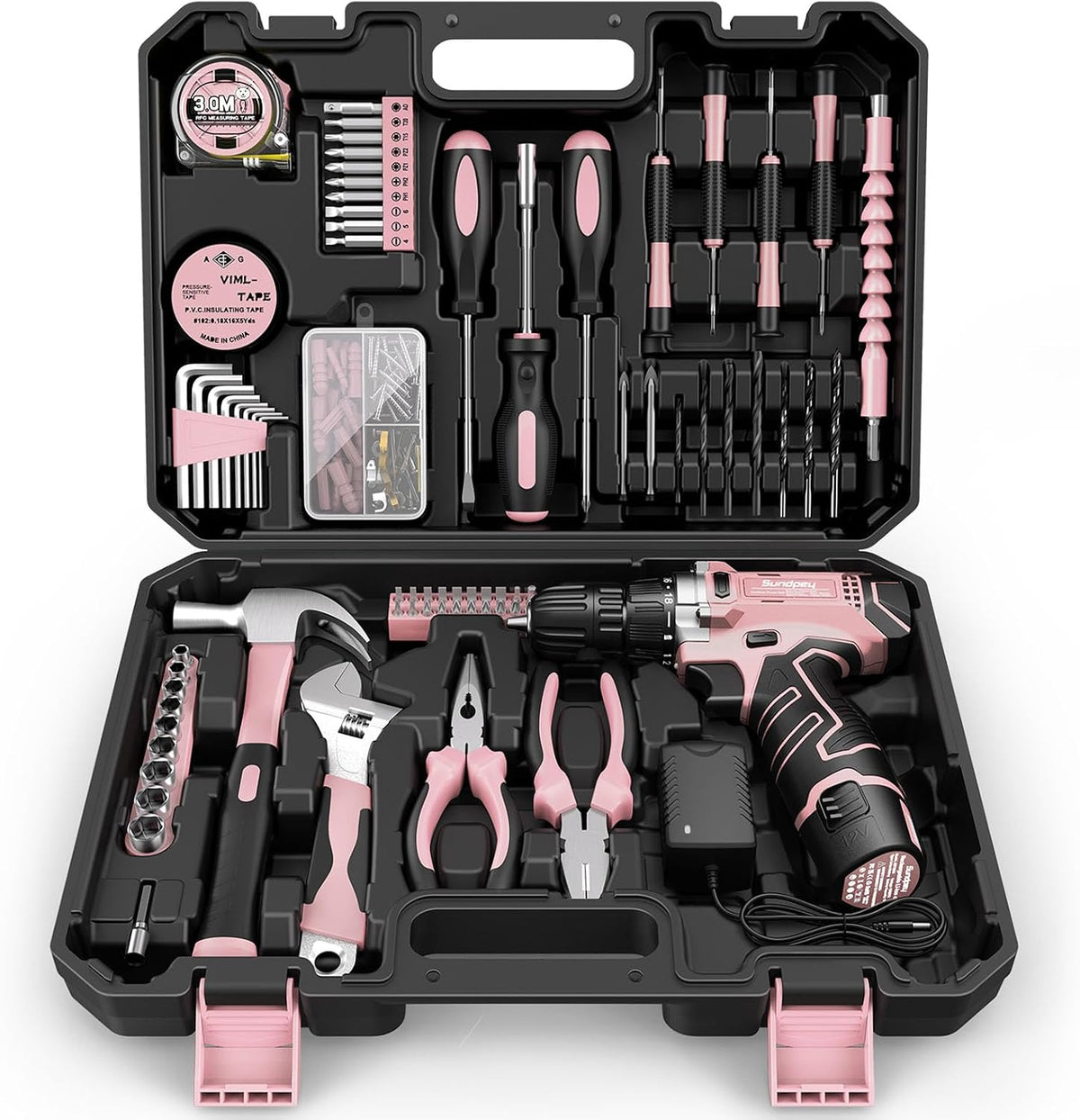 206PC Portable Basic Home Tool Kit Set with 12V Cordless Drill Pink