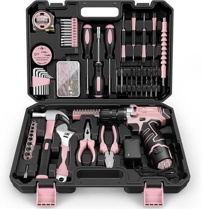 206PC Portable Basic Home Tool Kit Set with 12V Cordless Drill Pink