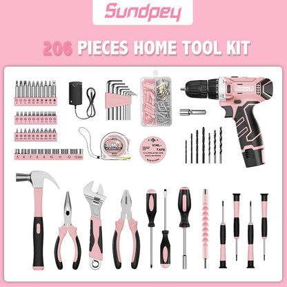 206PC Portable Basic Home Tool Kit Set with 12V Cordless Drill Pink
