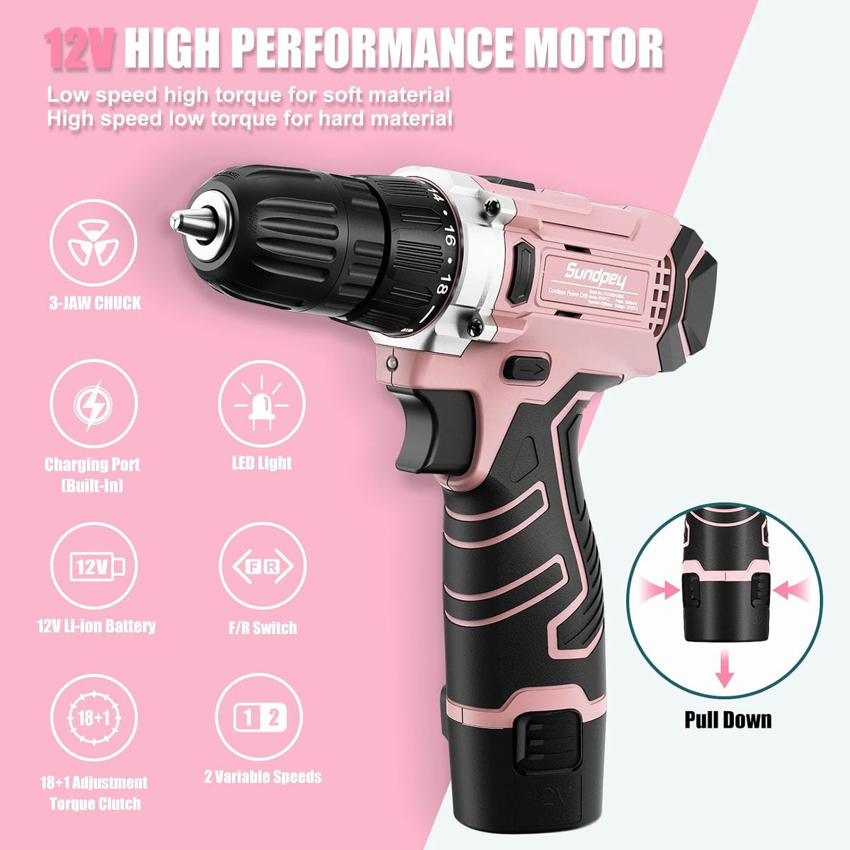 206PC Portable Basic Home Tool Kit Set with 12V Cordless Drill Pink