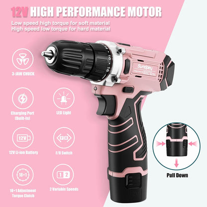 206PC Portable Basic Home Tool Kit Set with 12V Cordless Drill Pink