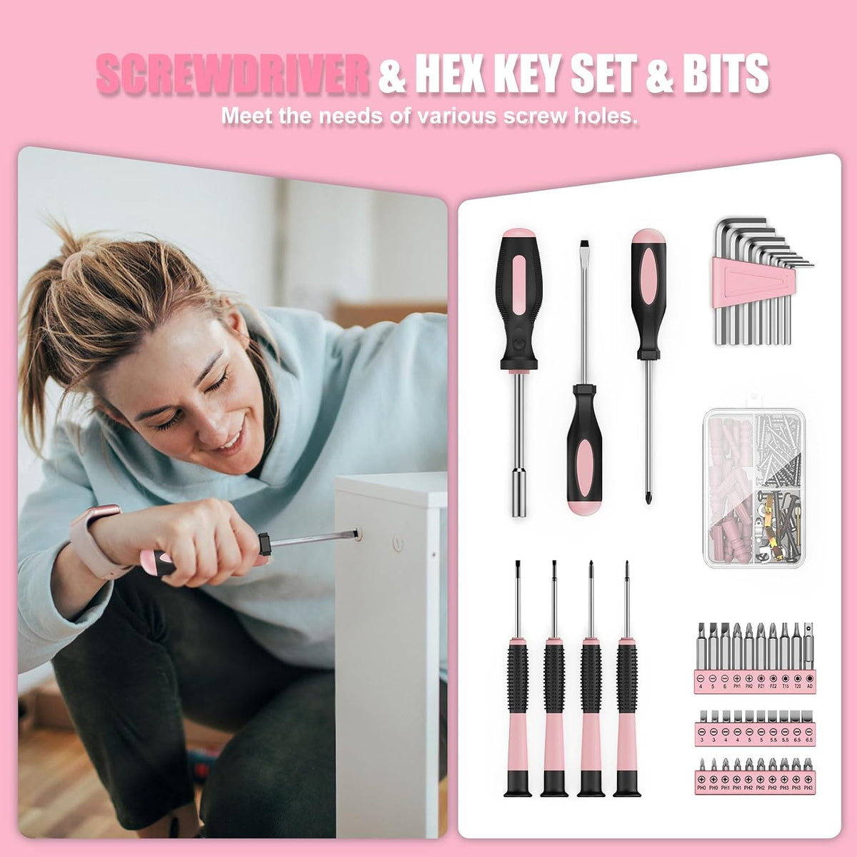 206PC Portable Basic Home Tool Kit Set with 12V Cordless Drill Pink