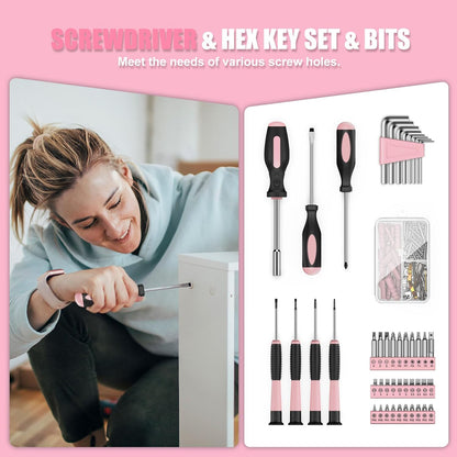 206PC Portable Basic Home Tool Kit Set with 12V Cordless Drill Pink