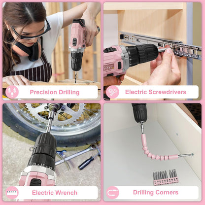 206PC Portable Basic Home Tool Kit Set with 12V Cordless Drill Pink