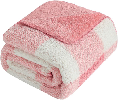 Checkered Sherpa Fleece Throw Blanket – Soft and Cozy, Medium Weight for All Season, Plush Throw for Couch, Bed, Dorm & Pets, Powder Pink, 60x80 Inches
