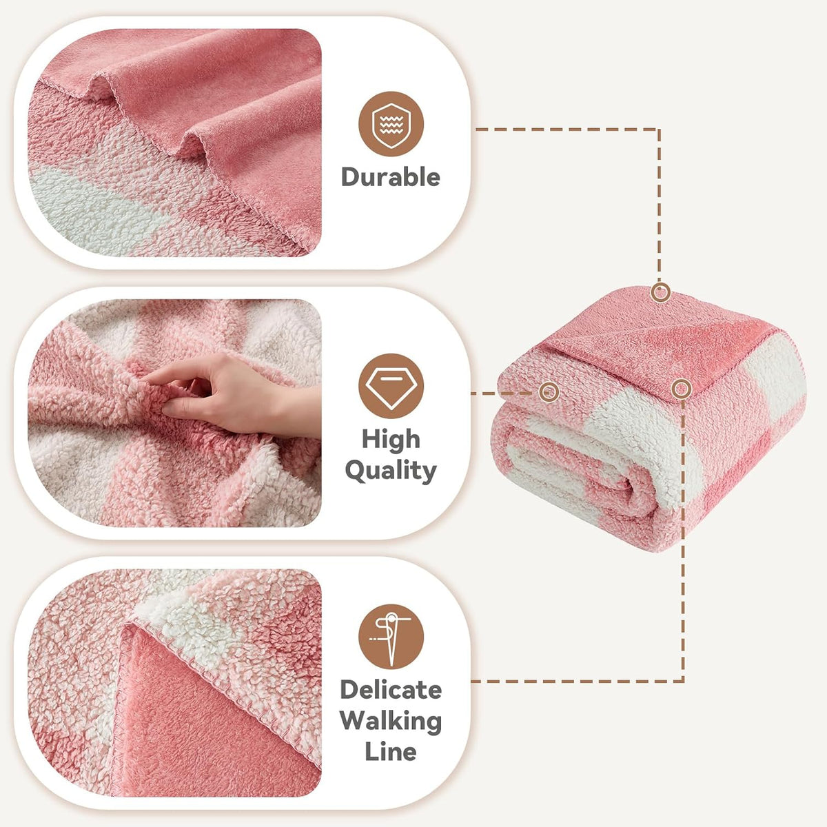 Checkered Sherpa Fleece Throw Blanket – Soft and Cozy, Medium Weight for All Season, Plush Throw for Couch, Bed, Dorm & Pets, Powder Pink, 60x80 Inches
