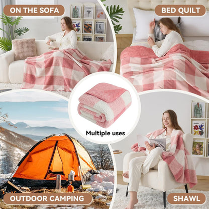 Checkered Sherpa Fleece Throw Blanket – Soft and Cozy, Medium Weight for All Season, Plush Throw for Couch, Bed, Dorm & Pets, Powder Pink, 60x80 Inches