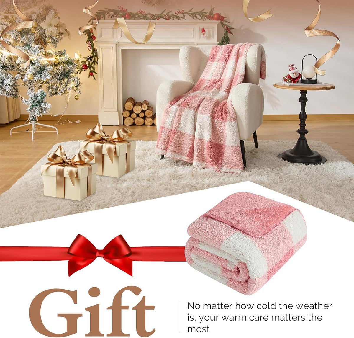Checkered Sherpa Fleece Throw Blanket – Soft and Cozy, Medium Weight for All Season, Plush Throw for Couch, Bed, Dorm & Pets, Powder Pink, 60x80 Inches