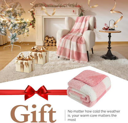 Checkered Sherpa Fleece Throw Blanket – Soft and Cozy, Medium Weight for All Season, Plush Throw for Couch, Bed, Dorm & Pets, Powder Pink, 60x80 Inches