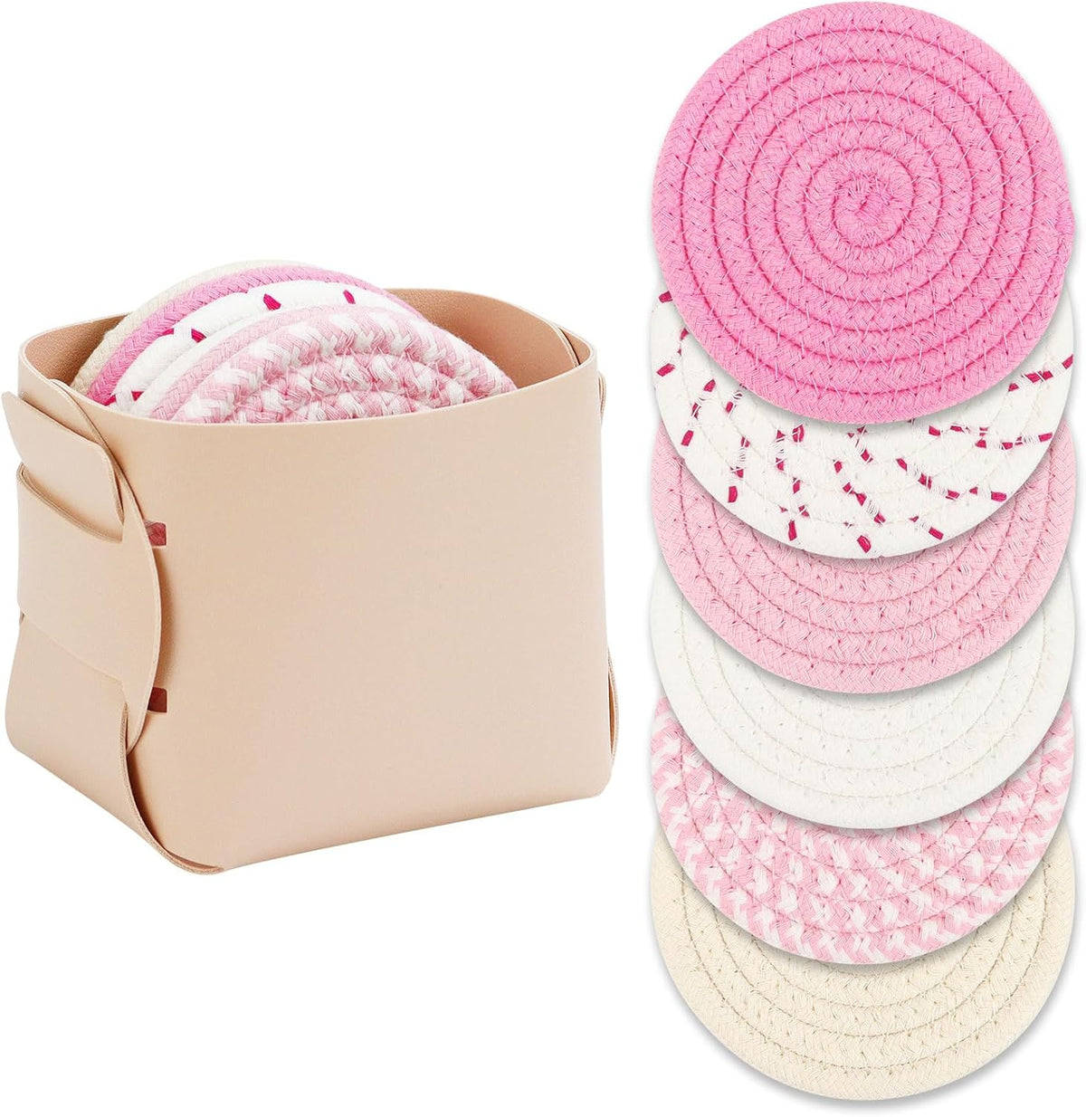 6-Piece Cotton Drink Coasters Set with Leather Holder - Absorbent Cute Woven Coasters for Home Decor, Table Protection, Fits All Cups (Pink)