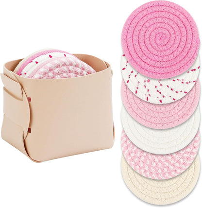 6-Piece Cotton Drink Coasters Set with Leather Holder - Absorbent Cute Woven Coasters for Home Decor, Table Protection, Fits All Cups (Pink)