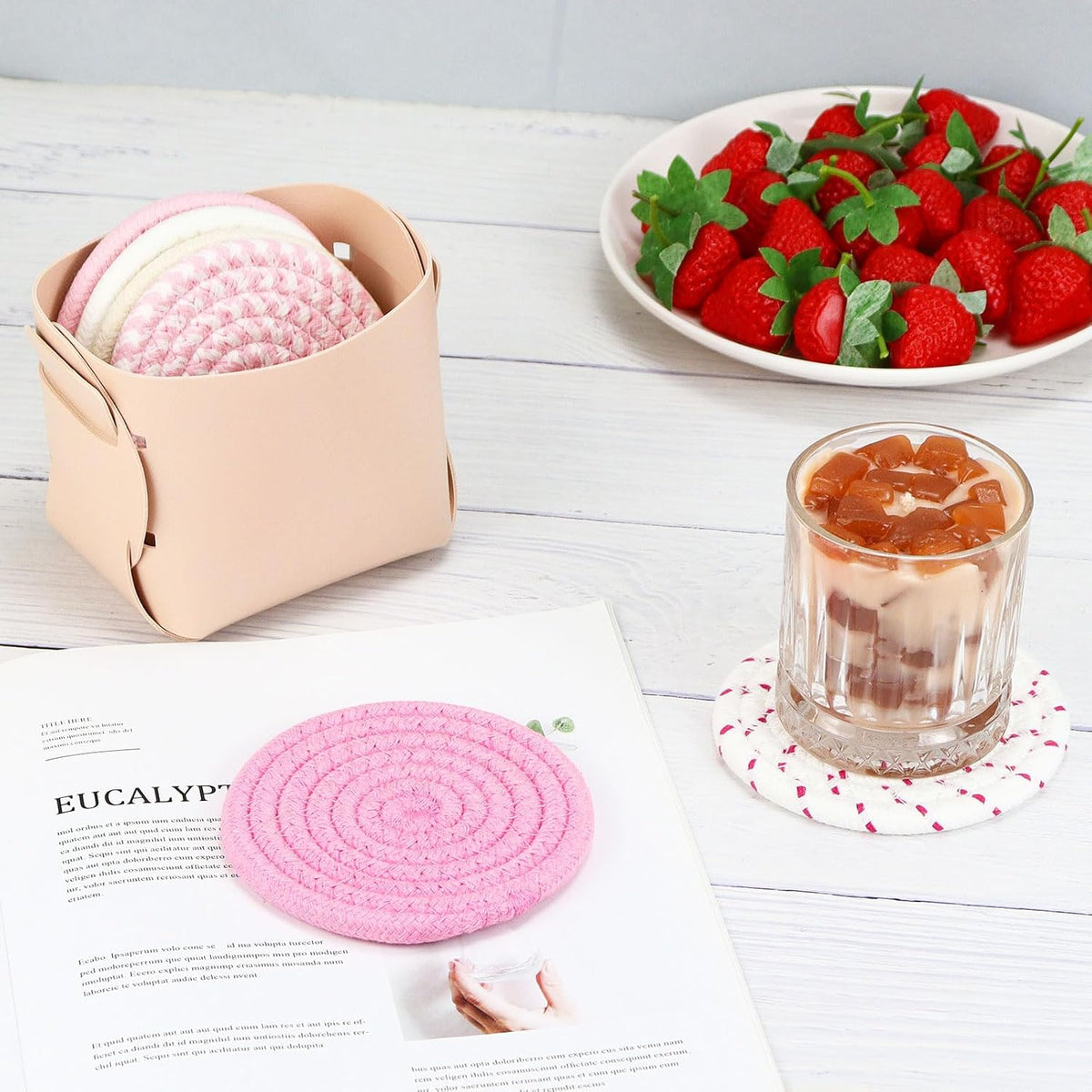 6-Piece Cotton Drink Coasters Set with Leather Holder - Absorbent Cute Woven Coasters for Home Decor, Table Protection, Fits All Cups (Pink)