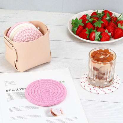6-Piece Cotton Drink Coasters Set with Leather Holder - Absorbent Cute Woven Coasters for Home Decor, Table Protection, Fits All Cups (Pink)