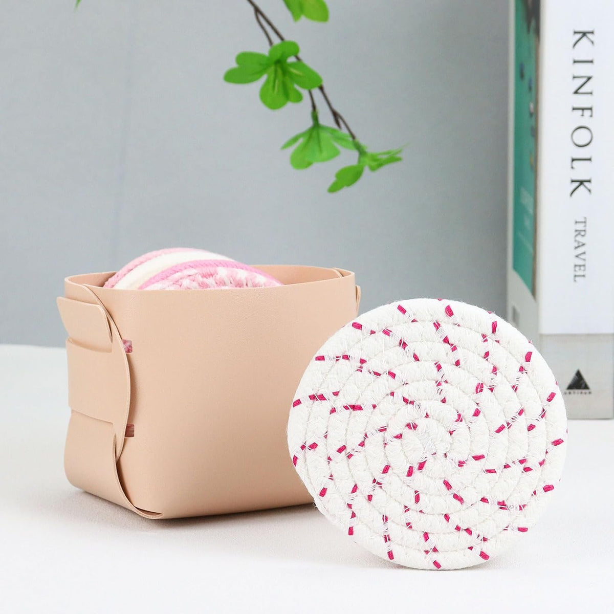 6-Piece Cotton Drink Coasters Set with Leather Holder - Absorbent Cute Woven Coasters for Home Decor, Table Protection, Fits All Cups (Pink)