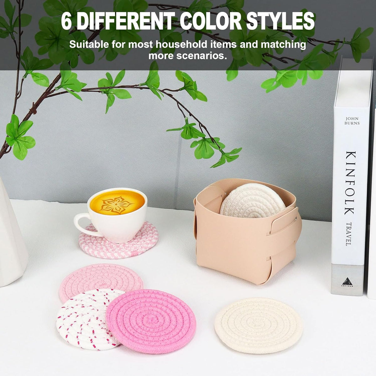 6-Piece Cotton Drink Coasters Set with Leather Holder - Absorbent Cute Woven Coasters for Home Decor, Table Protection, Fits All Cups (Pink)