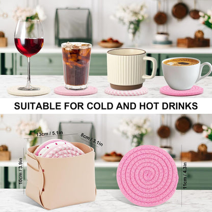 6-Piece Cotton Drink Coasters Set with Leather Holder - Absorbent Cute Woven Coasters for Home Decor, Table Protection, Fits All Cups (Pink)