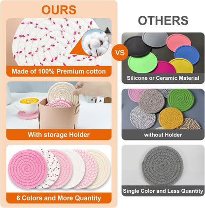 6-Piece Cotton Drink Coasters Set with Leather Holder - Absorbent Cute Woven Coasters for Home Decor, Table Protection, Fits All Cups (Pink)