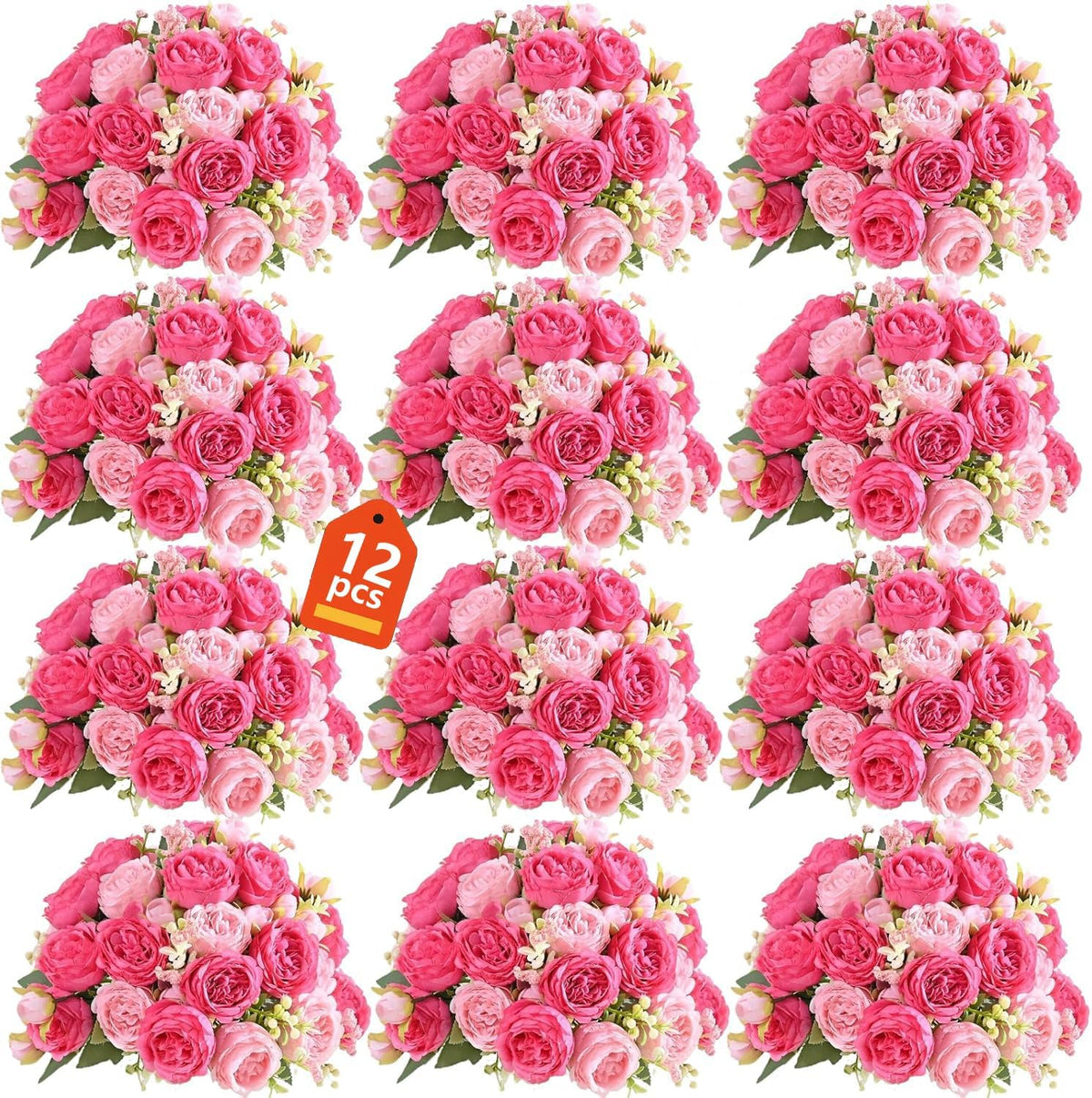 Peonies Artificial Flowers Bouquet, Lifelike Silk Fake Peonies with Stems for Home Table Centerpieces, Wedding, Party & DIY Bridal Floral Arrangements (12, Rose red + Pink)