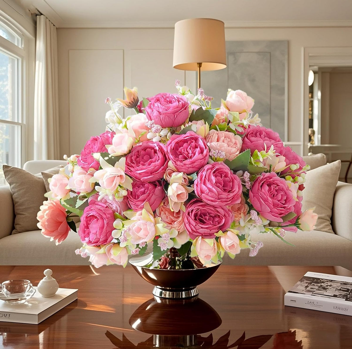 Peonies Artificial Flowers Bouquet, Lifelike Silk Fake Peonies with Stems for Home Table Centerpieces, Wedding, Party & DIY Bridal Floral Arrangements (12, Rose red + Pink)