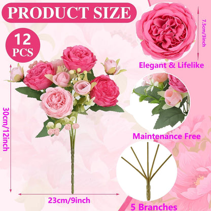 Peonies Artificial Flowers Bouquet, Lifelike Silk Fake Peonies with Stems for Home Table Centerpieces, Wedding, Party & DIY Bridal Floral Arrangements (12, Rose red + Pink)