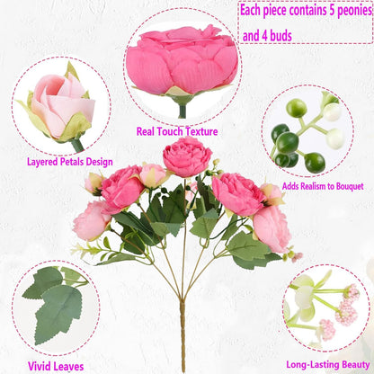 Peonies Artificial Flowers Bouquet, Lifelike Silk Fake Peonies with Stems for Home Table Centerpieces, Wedding, Party & DIY Bridal Floral Arrangements (12, Rose red + Pink)
