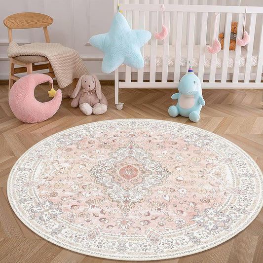 Pink Round Rug 4x4 for Bedroom, Washable Area Rug for Living Room