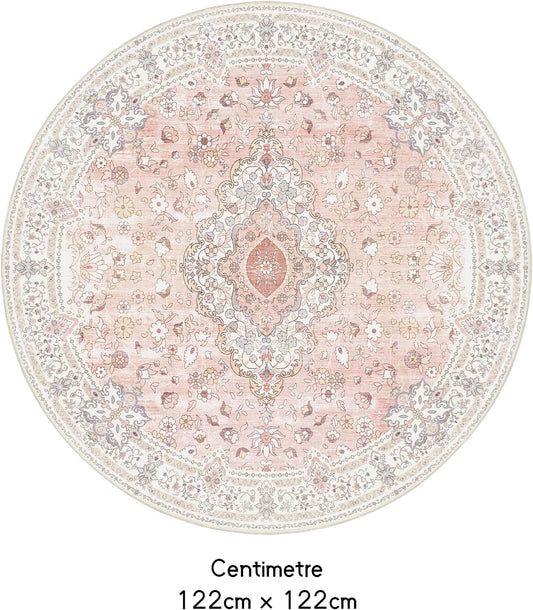 Pink Round Rug 4x4 for Bedroom, Washable Area Rug for Living Room