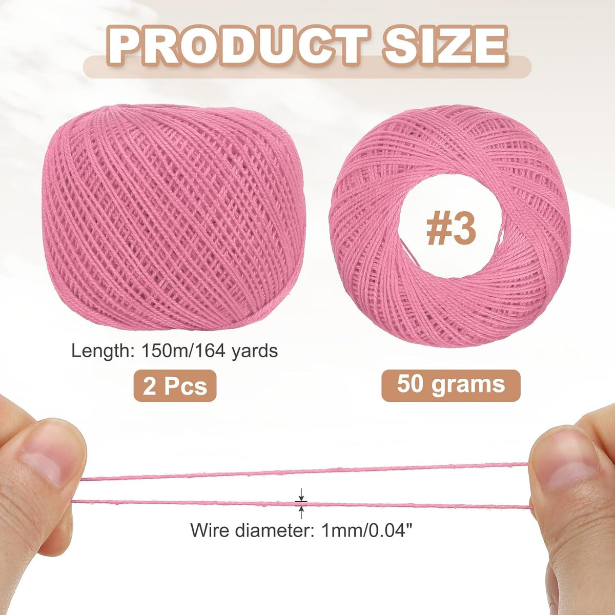 Crochet Thread Pearl Cotton Size 3 Pure Pink 2 Rolls 164 Yards for Crocheting Tatting Knitting Embroidery Sewing