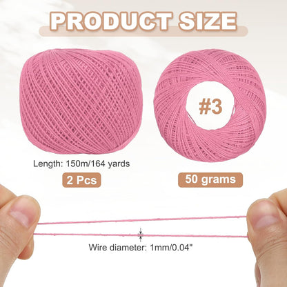 Crochet Thread Pearl Cotton Size 3 Pure Pink 2 Rolls 164 Yards for Crocheting Tatting Knitting Embroidery Sewing