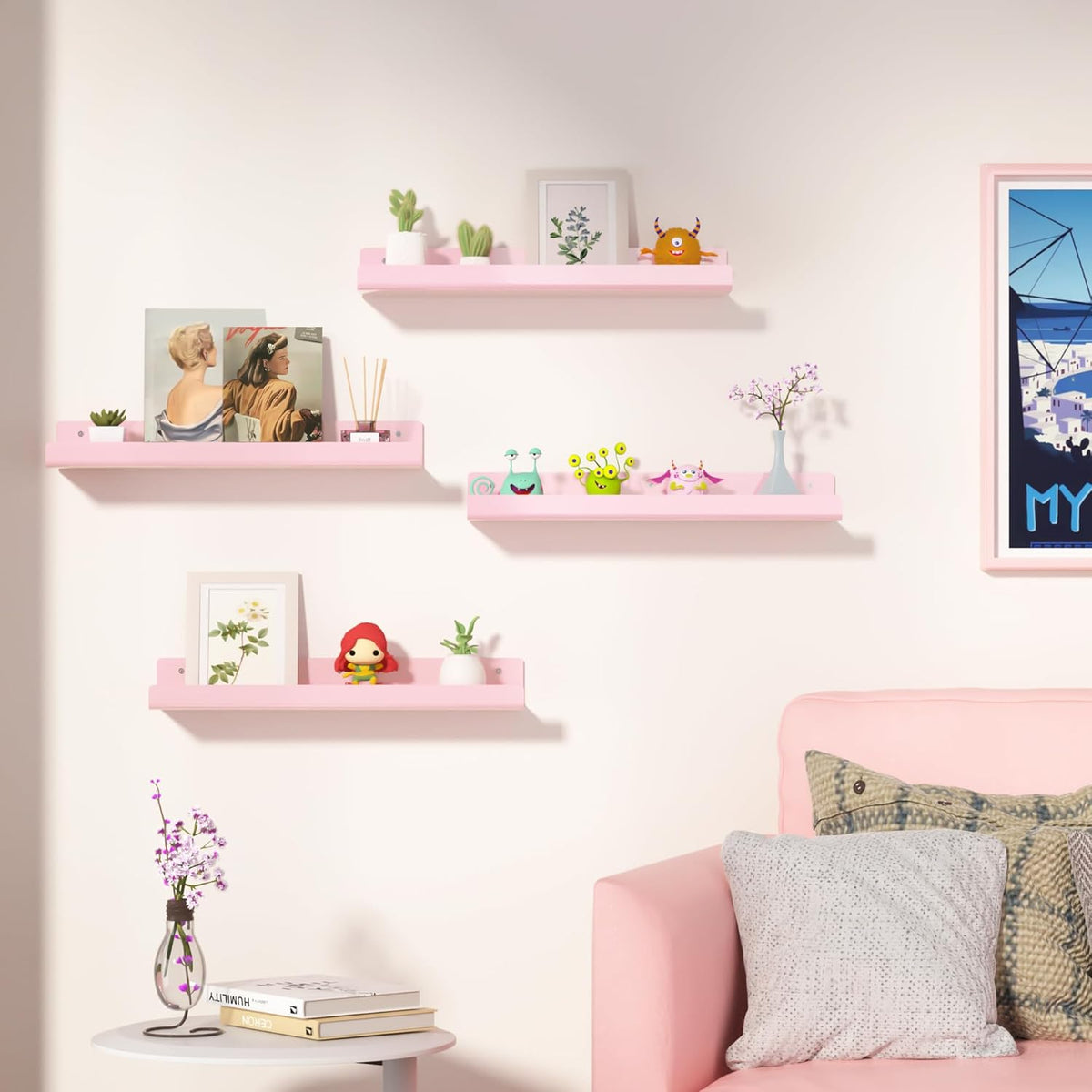 4 Pcs 15" Acrylic Shelves for Wall Decor and Display, Pink