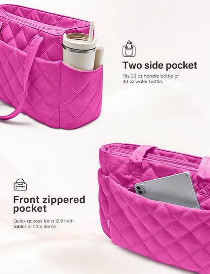 Tote Bag for Women, Lightweight Puffer Tote Work Bags with Compartments for Travel, Quilted Shoulder Bag with Zipper