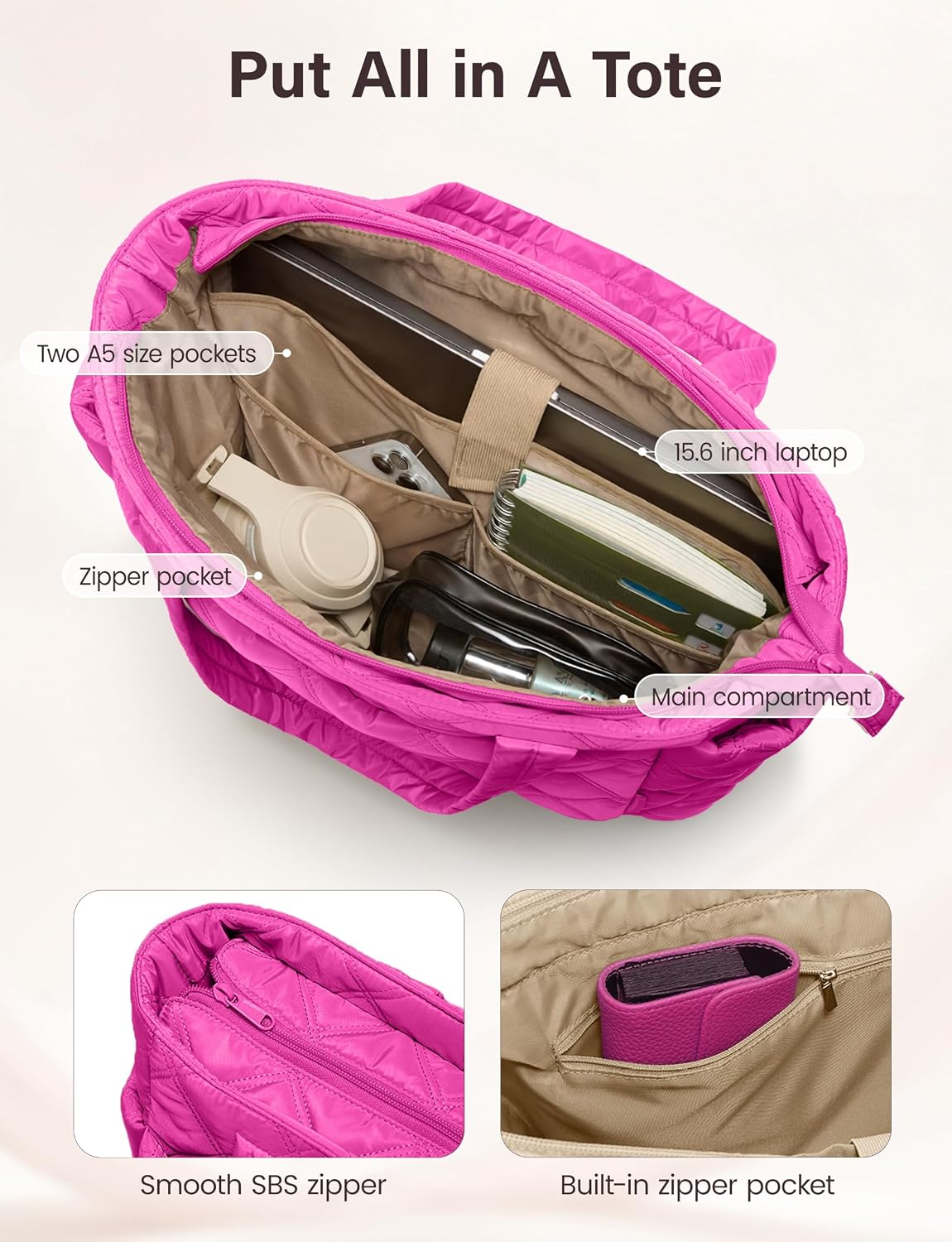 Tote Bag for Women, Lightweight Puffer Tote Work Bags with Compartments for Travel, Quilted Shoulder Bag with Zipper