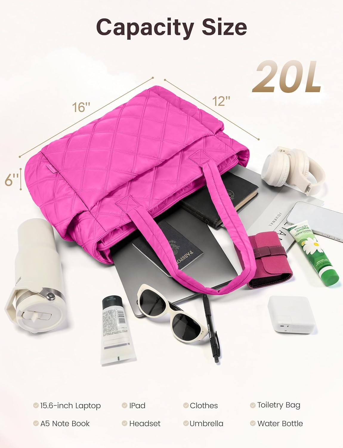 Tote Bag for Women, Lightweight Puffer Tote Work Bags with Compartments for Travel, Quilted Shoulder Bag with Zipper