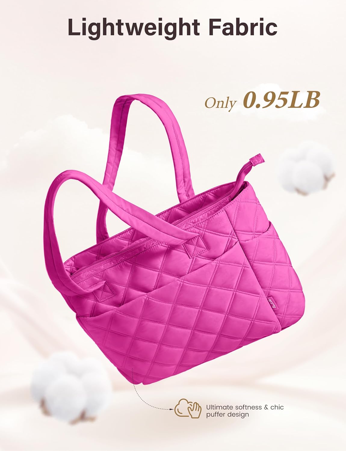 Tote Bag for Women, Lightweight Puffer Tote Work Bags with Compartments for Travel, Quilted Shoulder Bag with Zipper
