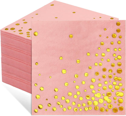 100 Pcs Gold Cocktail Napkins, 3-Ply, 5 x 5 Inches, Pink