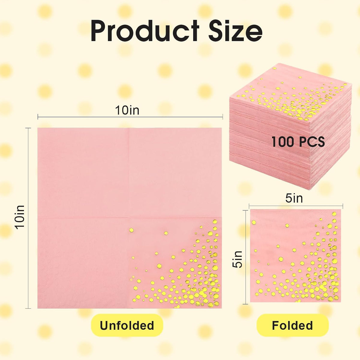 100 Pcs Gold Cocktail Napkins, 3-Ply, 5 x 5 Inches, Pink