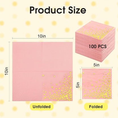 100 Pcs Gold Cocktail Napkins, 3-Ply, 5 x 5 Inches, Pink
