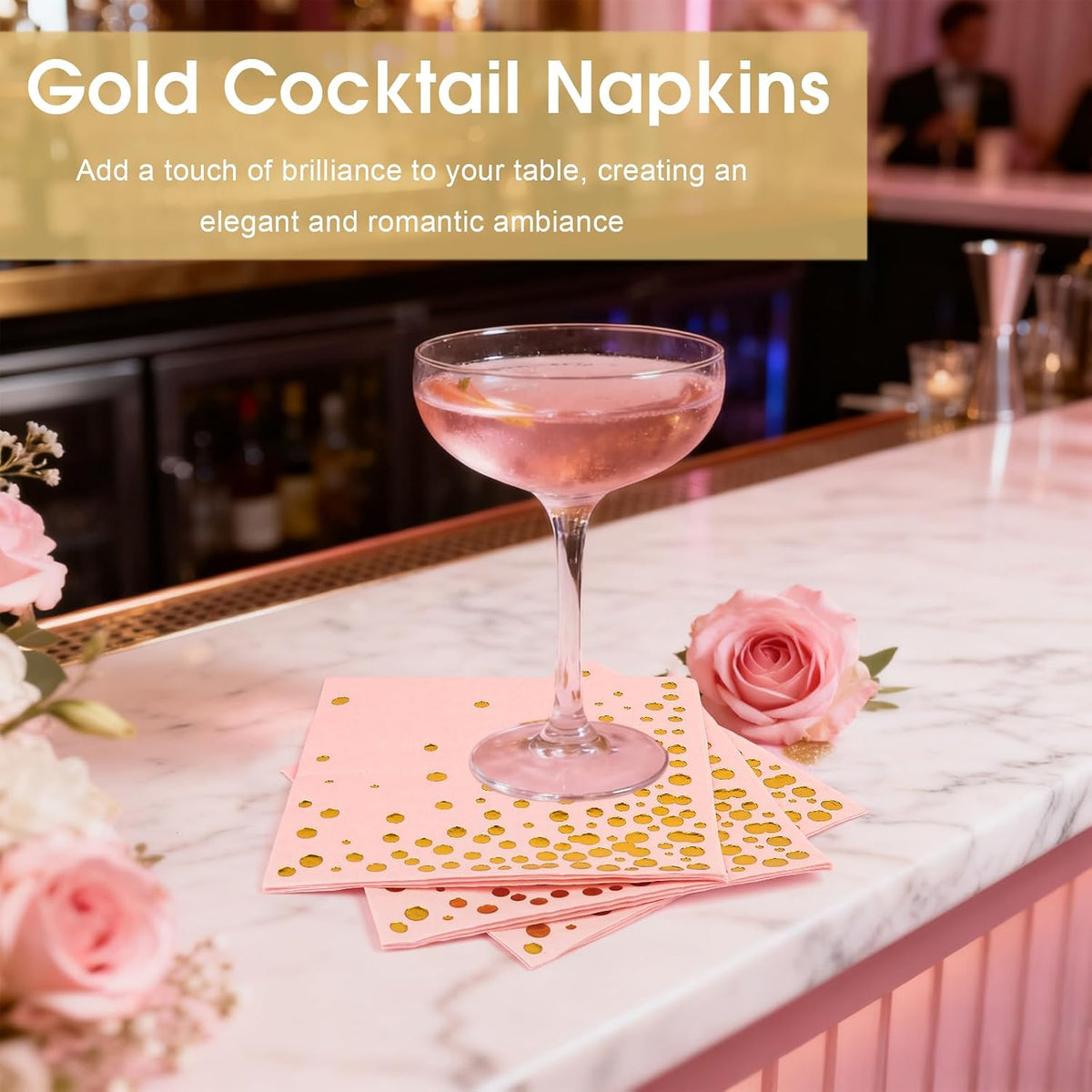 100 Pcs Gold Cocktail Napkins, 3-Ply, 5 x 5 Inches, Pink
