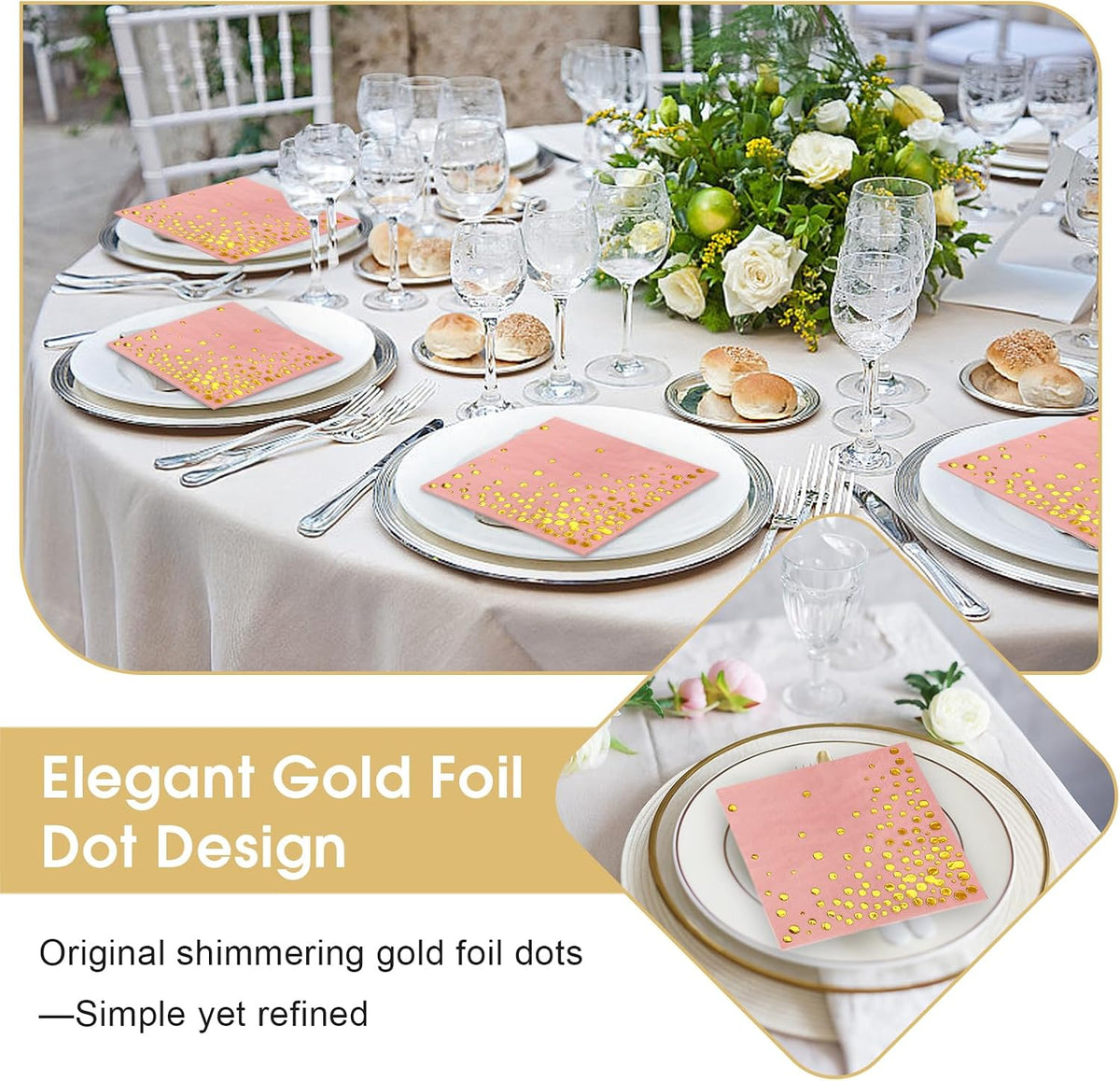 100 Pcs Gold Cocktail Napkins, 3-Ply, 5 x 5 Inches, Pink